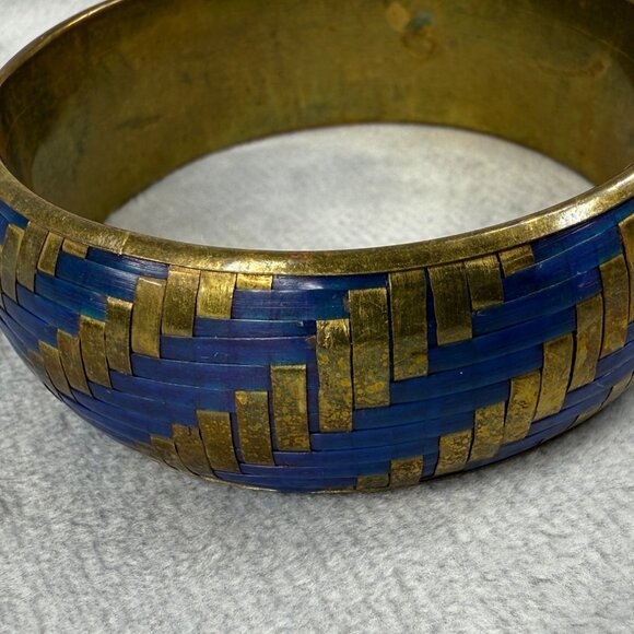 Vintage Brass & Blue Material Woven Design Bangle Bracelet Women Jewelry Classic - Picture 13 of 16